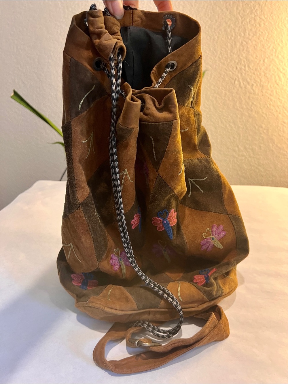 Vintage Boho Patchwork Suede Backpack Distressed Butterfly Embroidered As Is - Picture 4 of 10